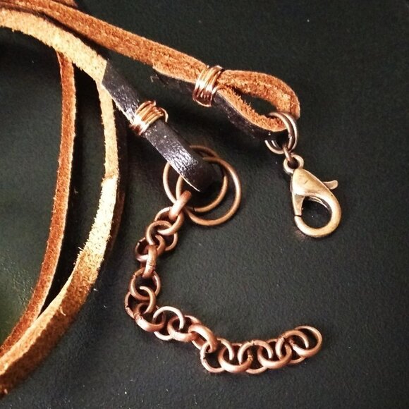 Handmade Owl Pendant: CatsEye + Fire Agate + Patina Paint + Real Leather Cord! - Picture 5 of 9